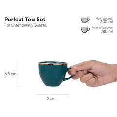Real Gold Line Ceramic Tea Cups Set Of 6 - Teal Gold Line, 200ml Each | Tea Cup Set Of 6 - Premium Ceramic Tea Set With Glossy Finish | Ceramic Tea Cup