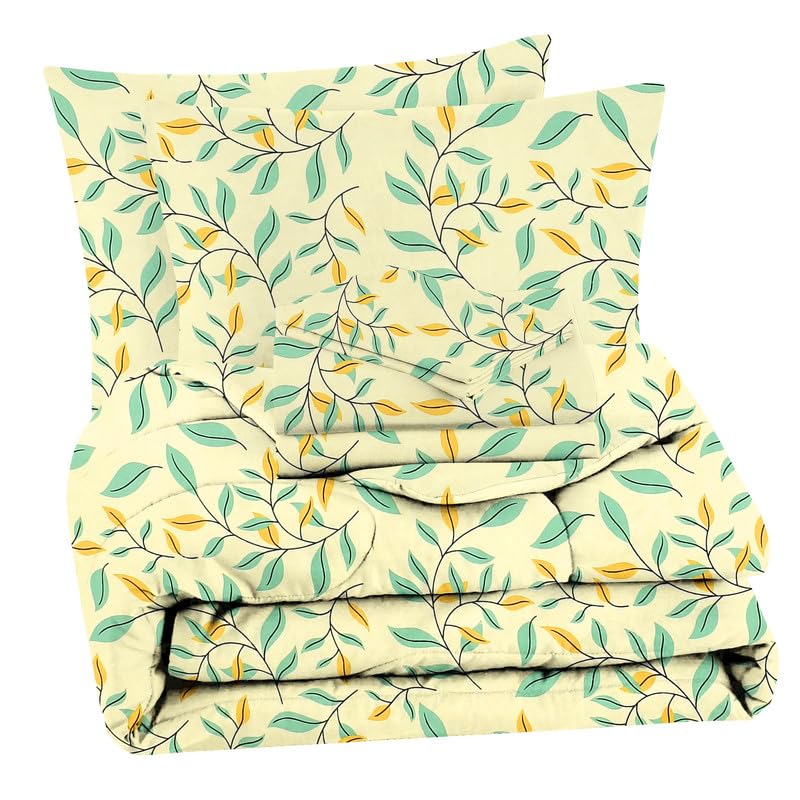 Double Bedsheet 1 Comforter 2 Pillow Covers - 90 X 100 Inches, Beige & Green, 4 Pcs Bedding Set | Cotton Summer Ac Comforter Set King Size Double Bed