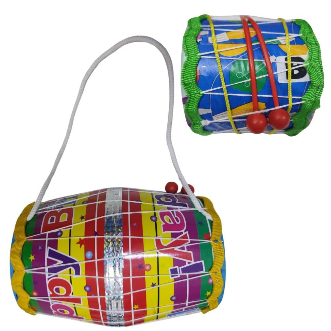Plastic Large Dholak For Kids With 2 Sticks & Free 1 Plastic Cute Small Drum With 2 Sticks - Multicolor | Age 0-7 Years, For Girls & Boys - Buy 1 Get 1 Free Combo