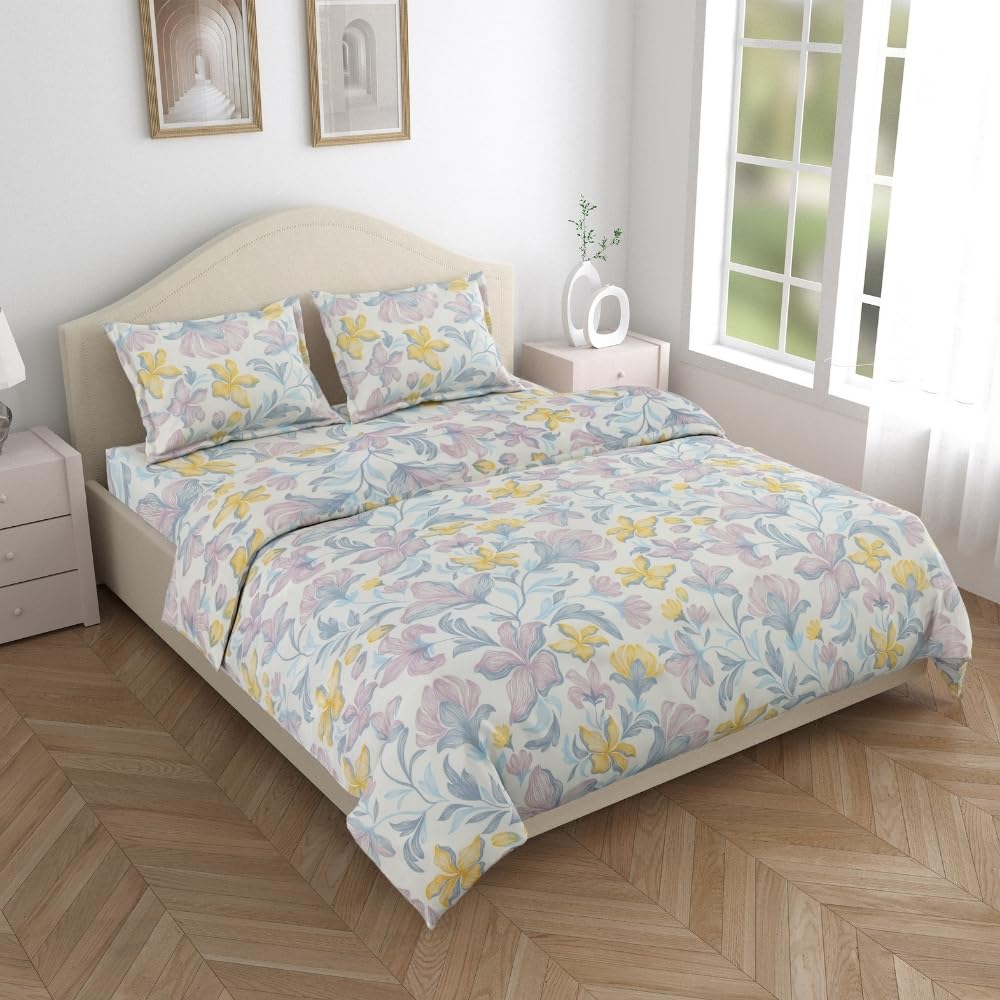 Bedsheet Double Bed For Queen Size - 100 X 90 Inches 2 Pillow Cover, Lily & White | Ideal For Everyday Use | Soft, Skin-Friendly & Durable Cotton Fabric