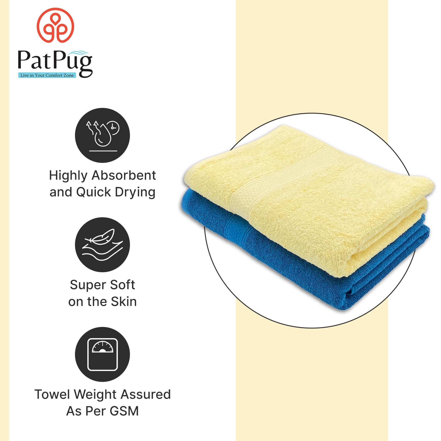 PatPug 100% Indian Ultra Soft Cotton 450 Gsm Bath Towel Large Bath Towel | Highly Absorbent Quick Drying Durable Towel For Men, Women & Kids (Ocean Blue & Sunray Yellow)