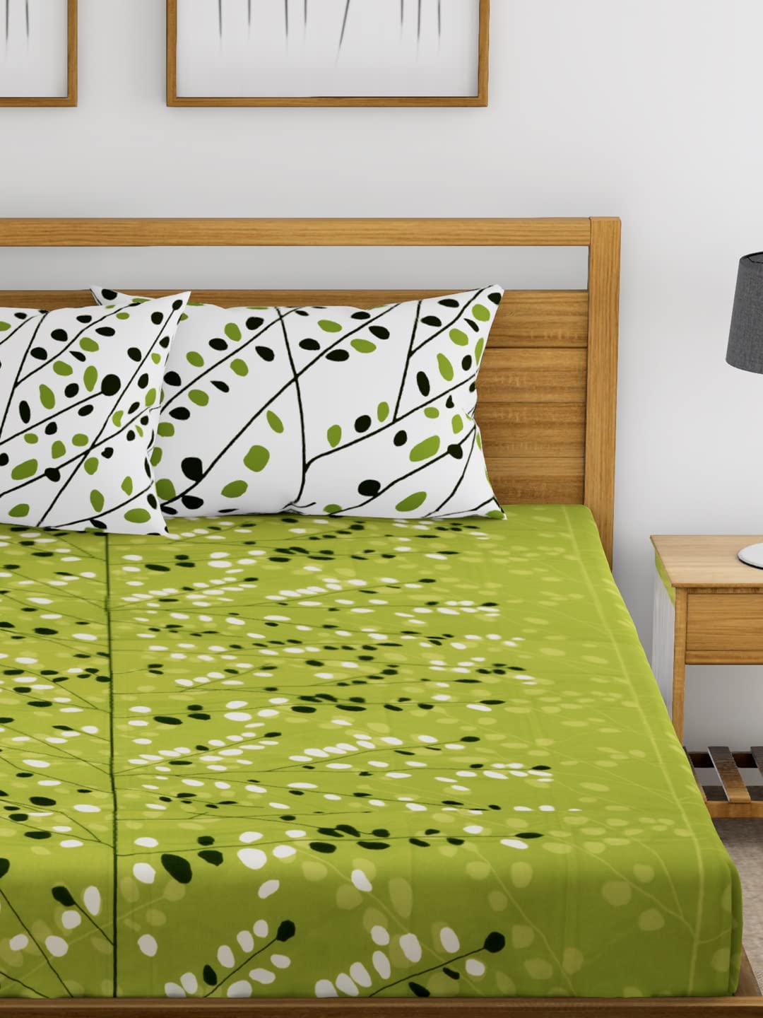 Bedsheet For Double Bed With 2 Pillow Covers | Soft, Lightweight & Breathable Cotton Bedsheet | Queen Size - 88 X 96 Inches, Green & White