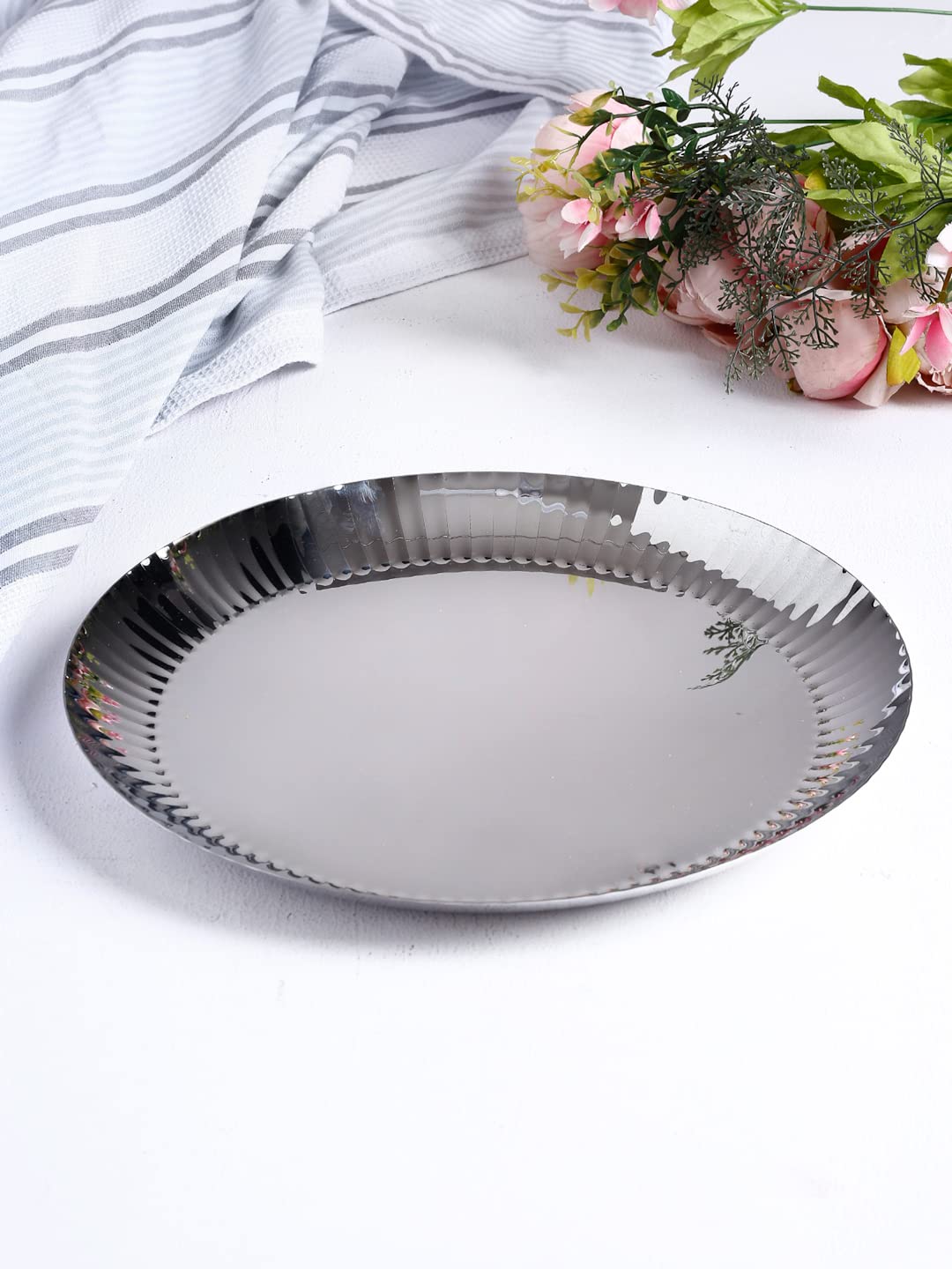 Silver Stainless Steel Serving Platter - Large, Rhythm Garden Series | Ribbed Pattern Pattern - Multipurpose Serving Tray For Sweets, Dry Fruits & Other Snacks | Serve Ware, Dinnerware & Tableware