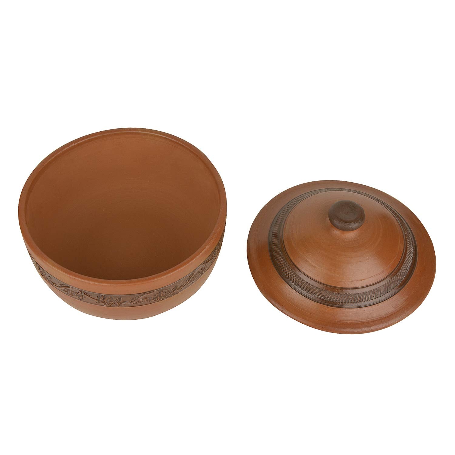 Handcrafted Ornately Designed Earthenware Bowl With Lid - Brown, 1.8 Liters | Clay Casserole With Lid - Cooking & Serving Pot