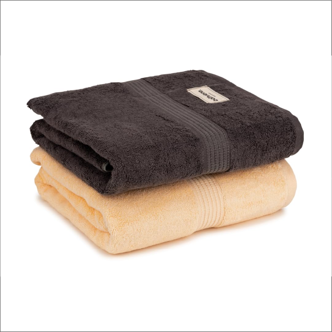 Bathriene 100% Bamboo Large Size Bath Towel 1200 Gsm | Luxury Bath Towel Highly Absorbent, Ultra Soft & Anti Microbial (Midnight Grey & Sunrise Yellow) - Pack Of 2