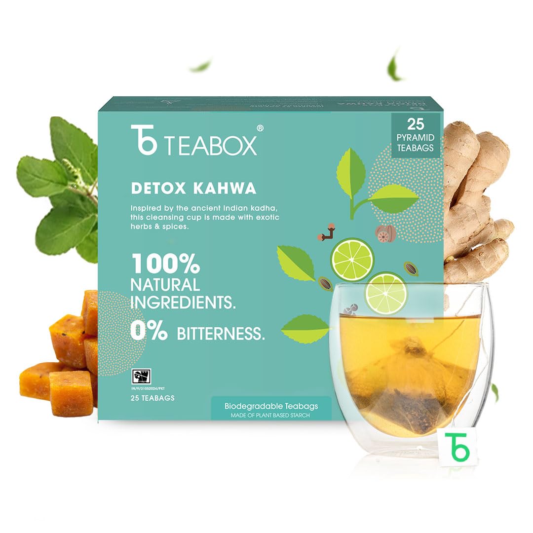 Teabox Detox Kahwa Herbal Tea - 25 Pyramid Tea Bags | Made With 8 Natural Ingredients - 100% Bio Degradable Teabags | 0% Bitterness
