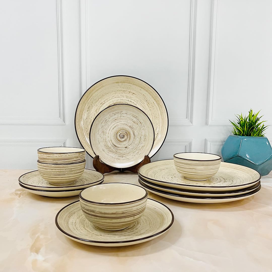Iris Beige Handcrafted Ceramic Dinner Set - 12 Pieces | 4 Dinner Plates + 4 Katori Bowls, 180ml Each+ 4 Quarter Plates Dinnerware Set | Serving For 4, Microwave Safe & Dishwasher Safe
