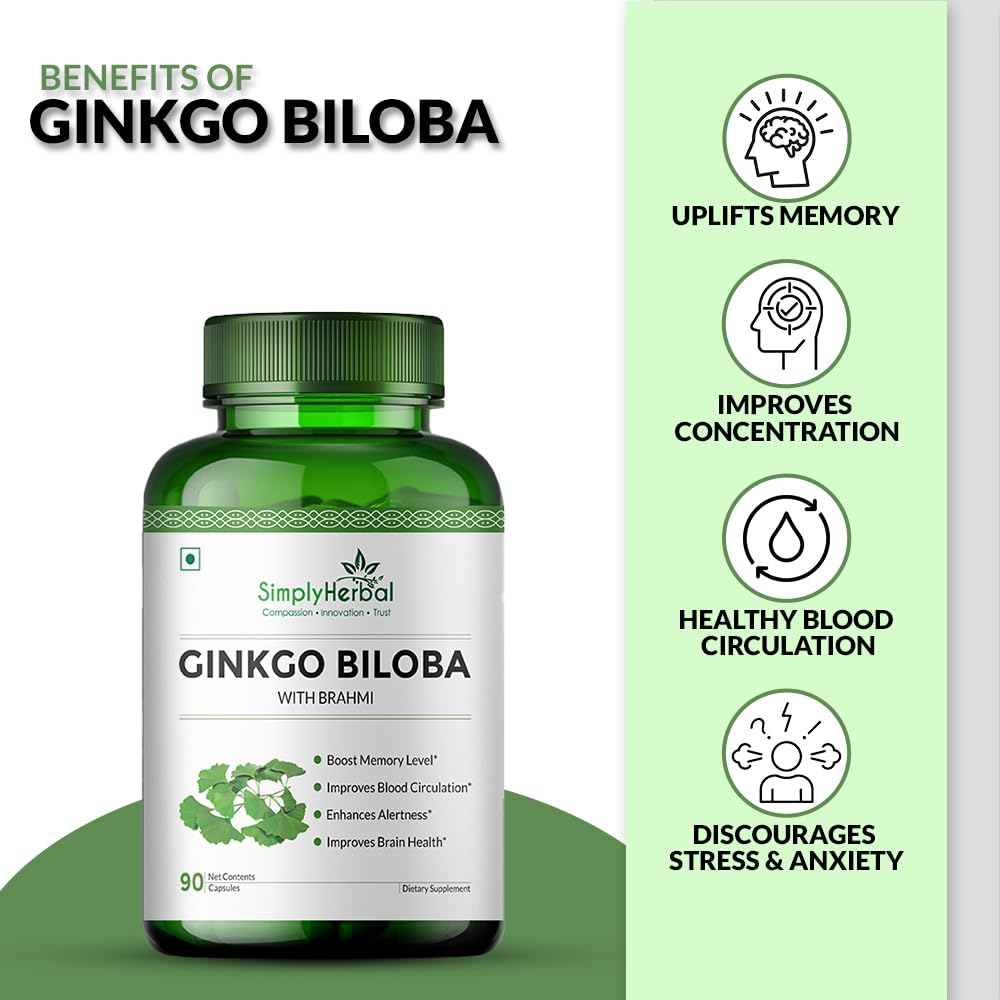 Simply Herbal Ginkgo Biloba 120mg With Bacopa Monnieri Extract Brahmi 380mg For Better Concentration, Improves Blood Circulation, Enhance Alertness, Memory & Learning | 90 Capsules 100gm 0.2lbs