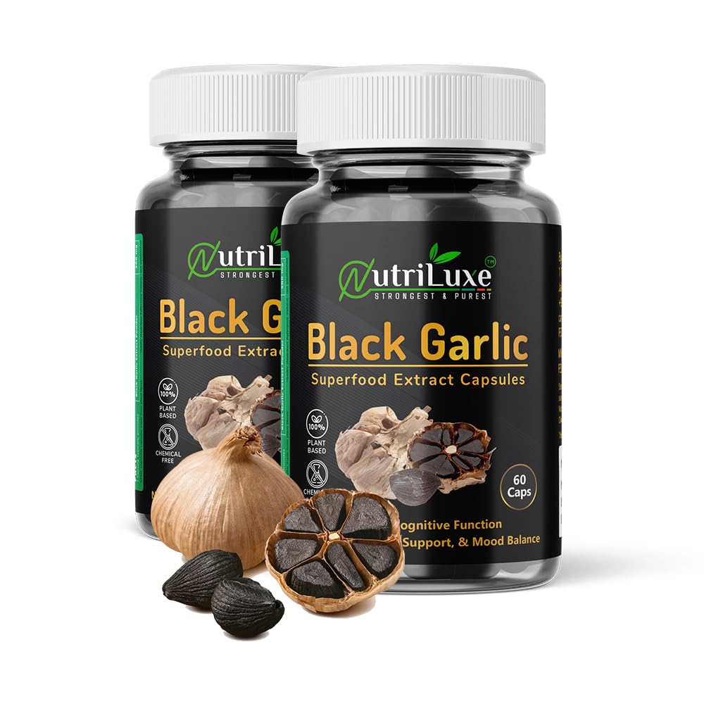 Nutriluxe Black Garlic Extract Capsules 500mg, Good For Heart, Digestion, Rich In Antioxidants, Regulates Sugar Levels | 60 Capsules 100gm 0.2lbs Each Pack Of 2