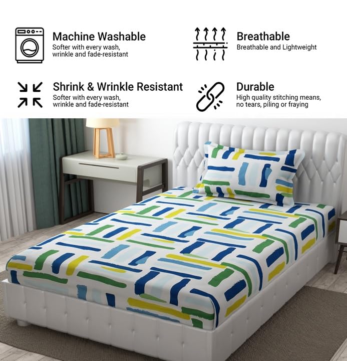 Microfiber Single Bedsheet Set With 1 Pillow Covers (60 X 90 Inches) White & Blue | Durable & Long-Lasting | 144 Thread Count | Wrinkle Free