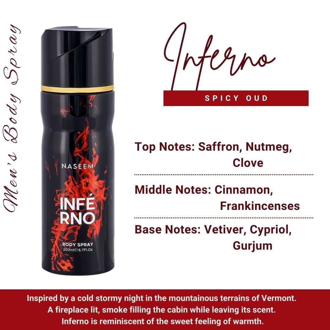 Naseem Inferno Body Spray 200ml 6.7 Fl.oz. Masculine Fragrance | Long Lasting Alcohol Free