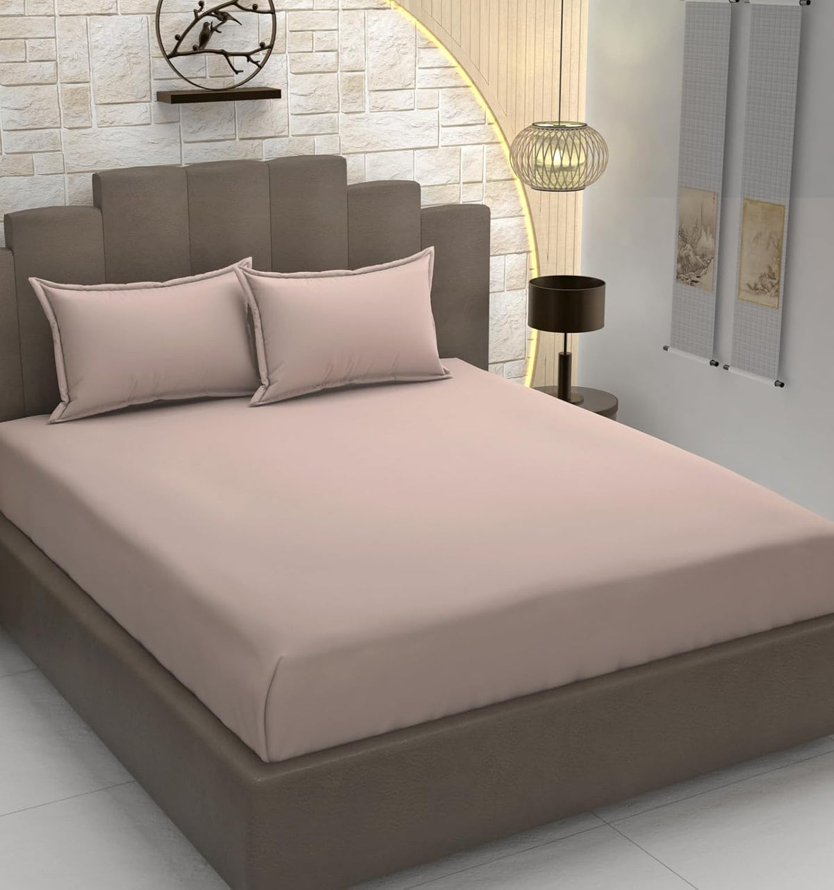 Plain Cotton King Size Elastic Fitted Bedsheet With 2 Pillow Covers - 72 X 78 Inches, Nude Pink | Ideal For Home Bedrooms, Hotel Rooms, Guest Bedsheet