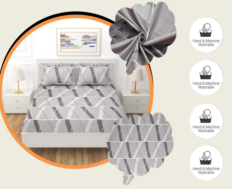 Double Bed Bedsheet With 2 King Size Pillow Covers - 90 X 90 Inches, Grey & White | Designer Printed 220 TC Cotton Feel For Summer Double Bed