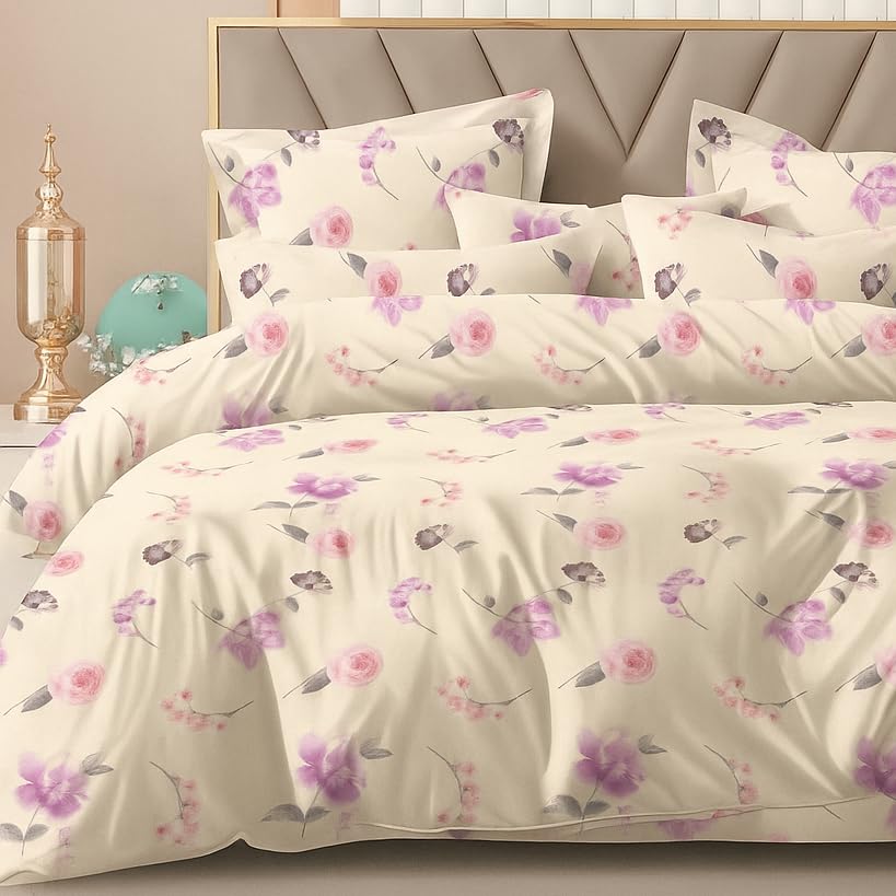Printed Double Bedsheet For Super King Size With 2 Matching Pillow Covers - 108 X 108 Inches, Cream | 300 Thread Count Skin Friendly & Luxuriously Smooth To Touch Bedsheet