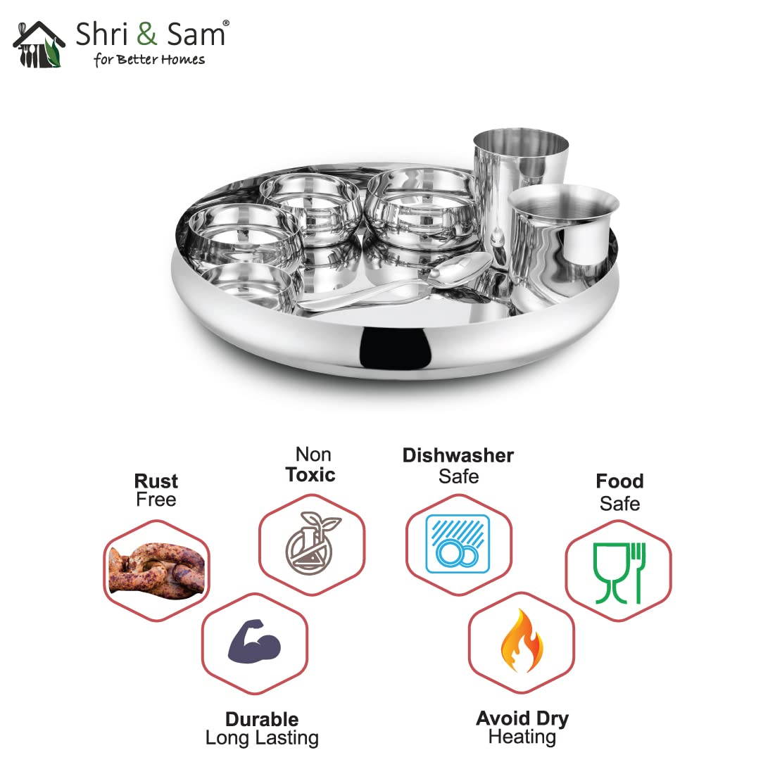 Stainless Steel Belly Thali Set Of 8 Pieces, Silver | 1 Thali+ 1 Big Bowl+ 2 Small Bowl+ 1 Chutney Bowl+ 1 Glass+ 1 Dabra+ 1 Dessert Spoon