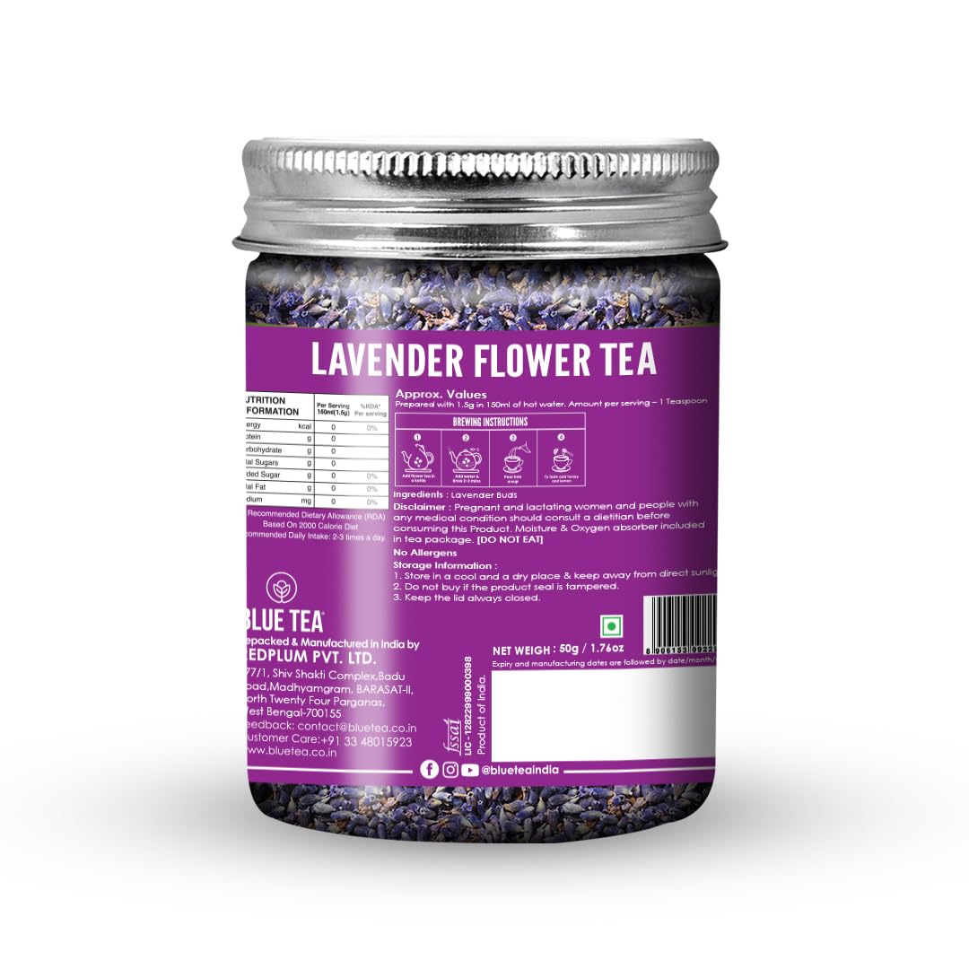 Blue Tea Lavender Flower Herbal Tea - 50gm Pet Jar, 1.7 Ounce, 50 Cups | Flower Based Calming Tea - Caffeine Free, Food Grade, Non-GMO | No Added Colors, No Preservatives