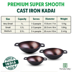 Super Smooth Brown Cast Iron Kadai - Medium, 25.4cm, 10 Inch, 2.5 Liters, 2.4 Kg | Nonstick, Pre-Seasoned Kadhai, 100% Pure & Toxin-Free, No Chemical Coating