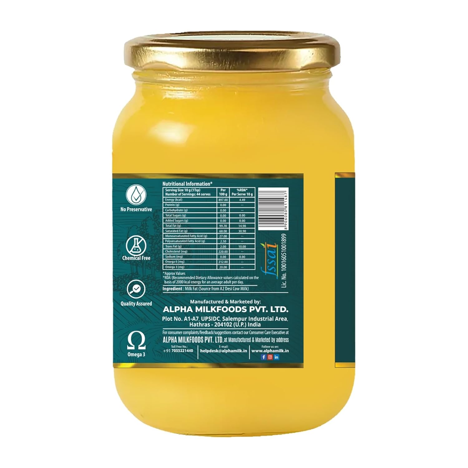 Pure A2 Desi Cow Ghee By Farmer Fresh | Highly Nutritious Rich Flavor & Ayurvedic Benefits Pure Desi Ghee For Good Health | (1 Litr) 33.8 Ounce | Jar Pack