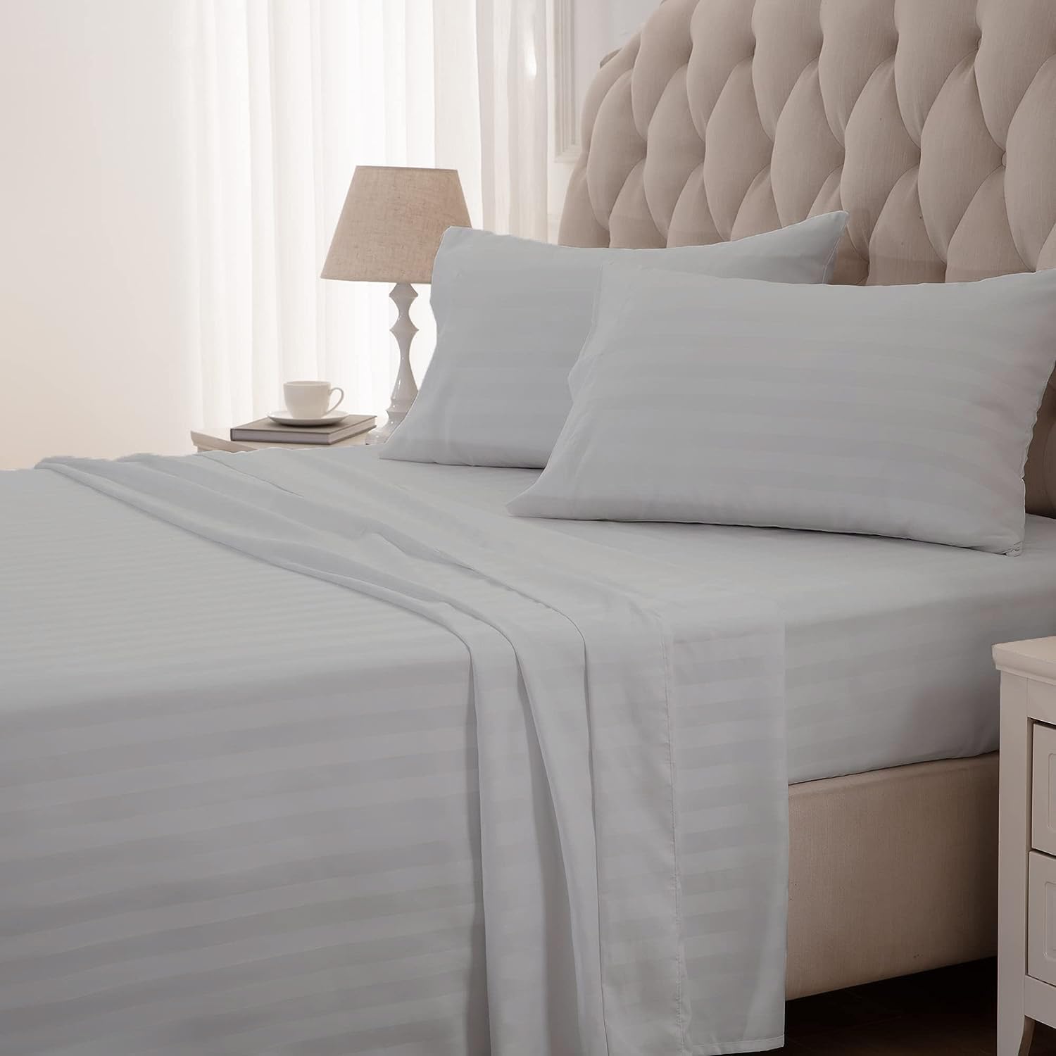 Striped Cotton Queen Size Fitted Bedsheet With 2 Pillow Covers - 60 X 80 + 12 Inches, Light Grey | Soft & Durable | Perfect For All Seasons, Especially Summer