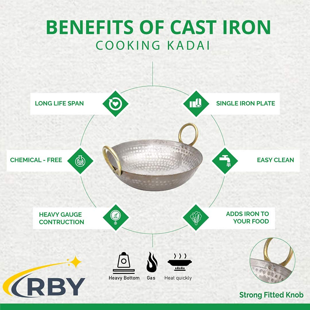 Heavy Base Silver Iron Matthar Or Hammered Kadhai, 1 Liter | Kadai With Handle For Kitchen - Deep Frying Kadai Free Stainless Steel Scrubber