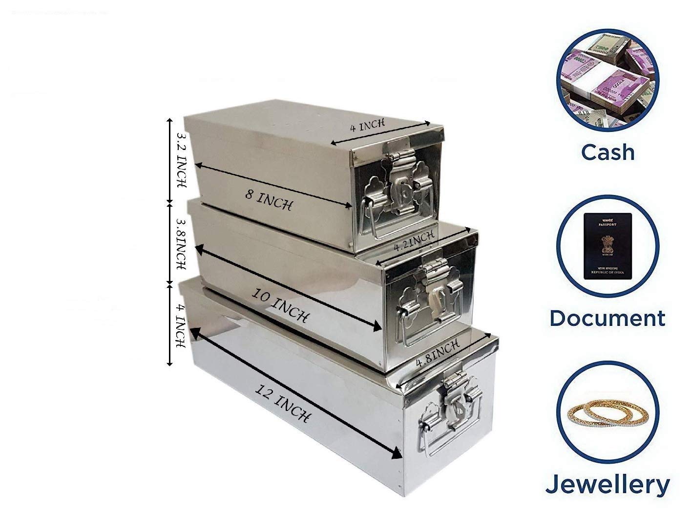Stainless Steel Safe Locker Boxes For Cash Peti Pooja Jewellery Set Box, Pack Of 3, Size - 8 Inch, 10 Inch, 12 Inch With Plain Design, Special Feature - Portable