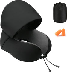 Travel Pillow For Neck Memory Foam, Hooded Travel Neck Pillow For Adults, Black | Medium Size, Comfortable Neck Pillow For Travel With Hoodie, Flight Pillow, Airplane Pillow, Plane Car Use