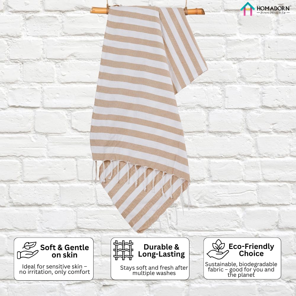 Homadorn 100% Cotton Striped Fouta Bath Towels 1400 Gsm | Soft Quick Dry & Absorbent Hand-Knotted Tassels | Turkish Hamam Towel (Beige- White)- Pack Of 4