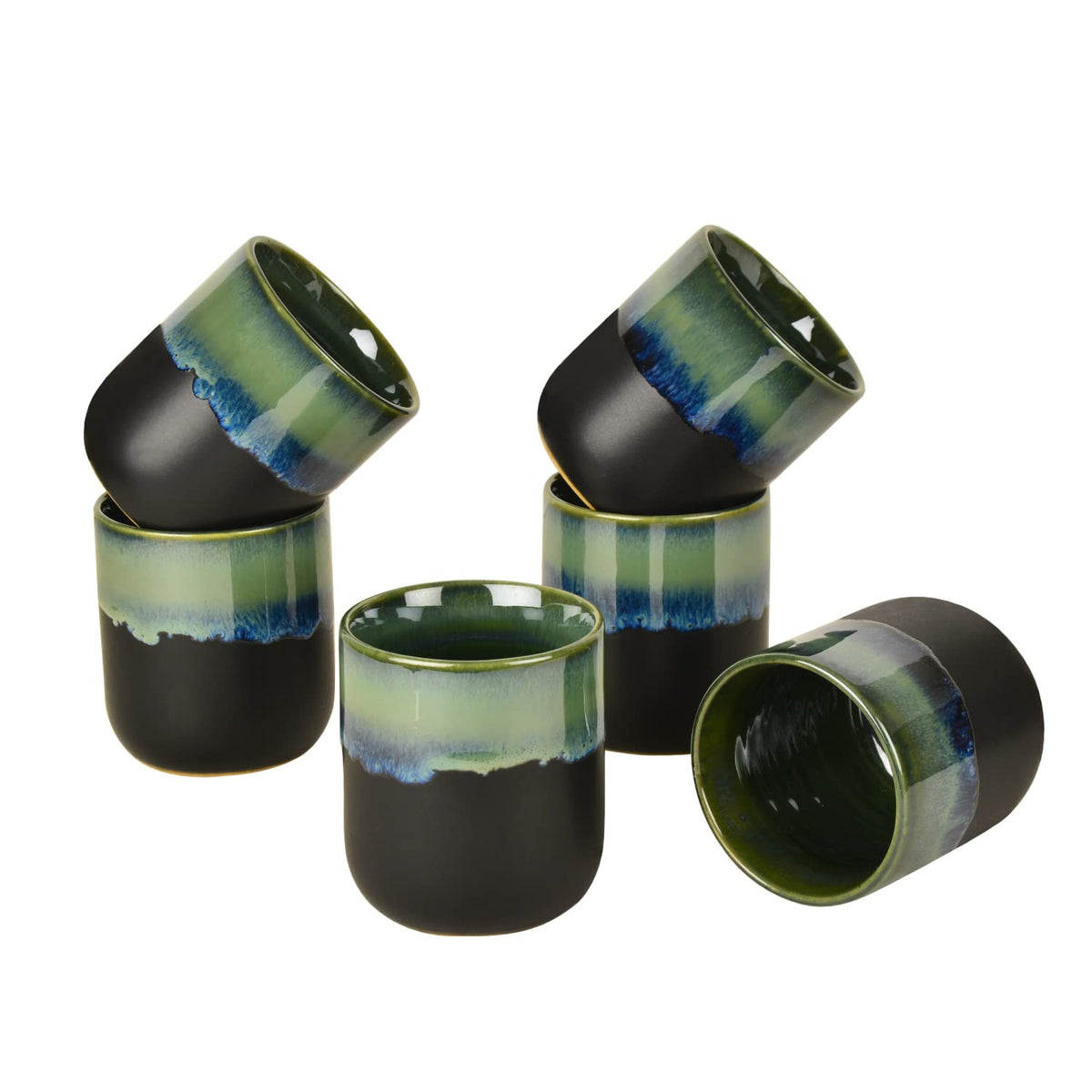 Studio Pottery Glazed Dual Tone Ceramic Glasses Set Of 6 - Green & Black, 225ml Each | Cutting Chai Glasses - Tea Glasses, Tumblers