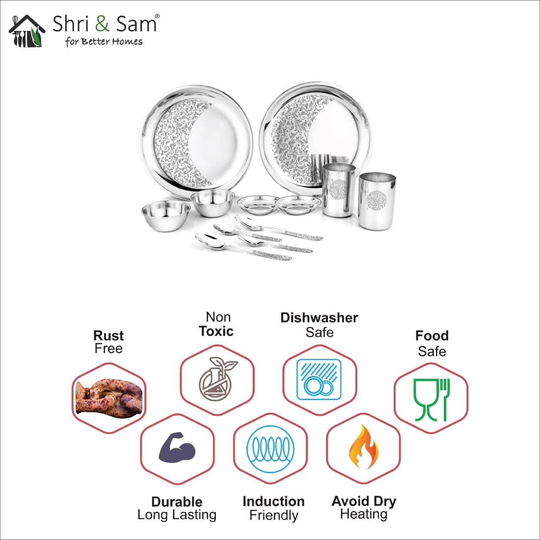 Designer Stainless Steel Delight Laser Bloom Dinner Set Of 12 Pieces, Silver | 2 Dinner Plates+ 2 Glasses+ 2 Bowls+ 2 Pudding Bowls+ 2 Dessert Spoons+ 2 Tea Spoons