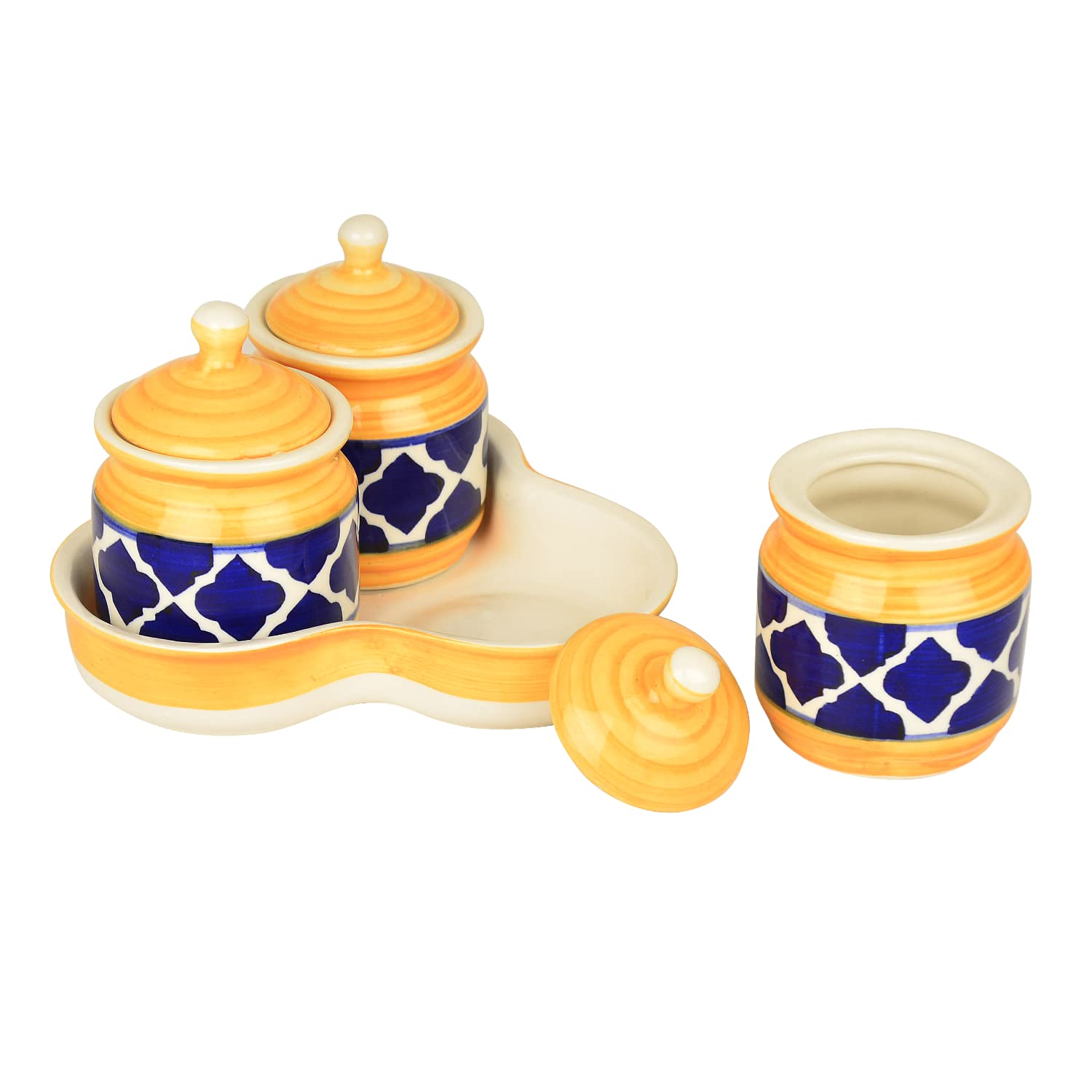 Hand Painted Ceramic Pickle Jar Set With Tray Set Of 3 - Blue & Yellow, 200ml Each | Condiment Set - Masala Container | Pickle & Chutney Jar Set For Dining Table