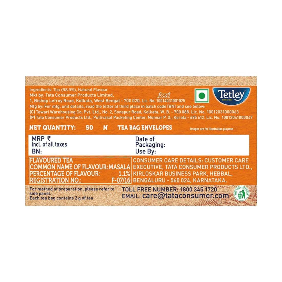 Tetley Masala Chai Flavored Tea - 50 Tea Bags | Environment Friendly Tea Bags, Biodegradable - Caffeine Free, Plastic Free