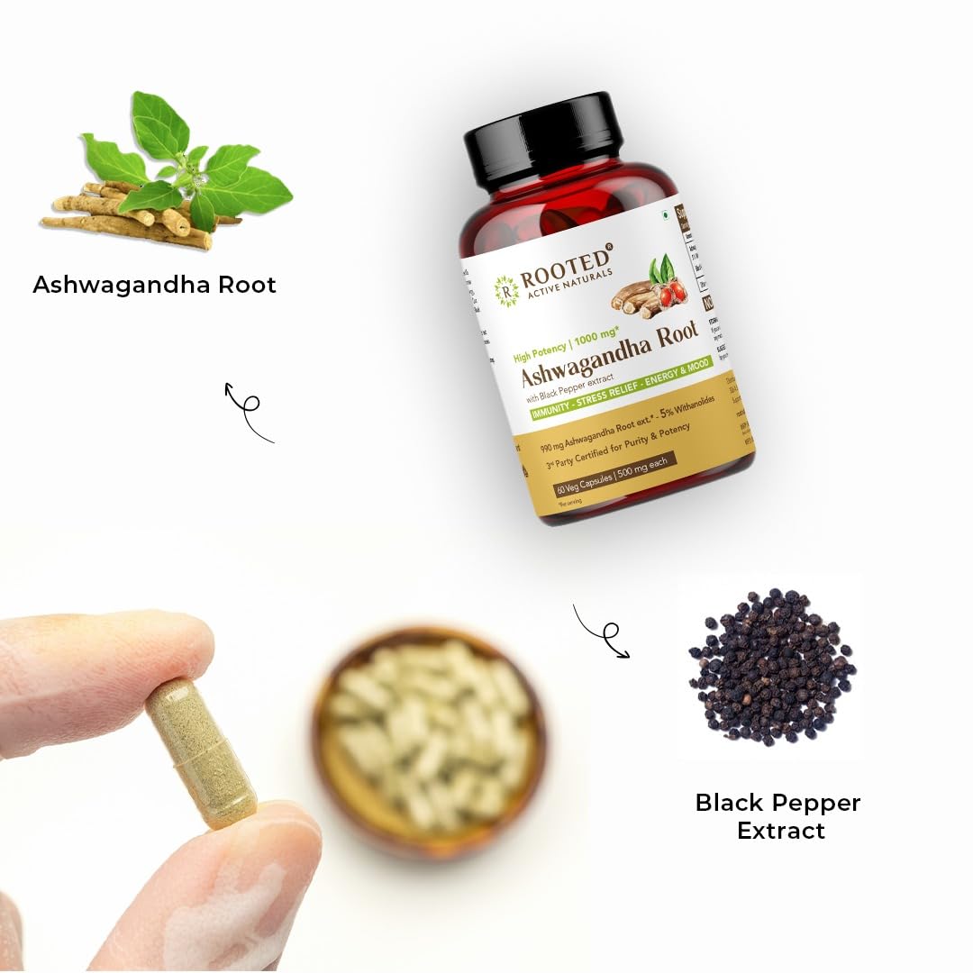 Rooted Ashwagandha Root Capsules 5% Withanolides, Pure Extract, Supports Stress, Anxiety Relief, Energy & Immunity 500mg | 60 Veg Tablets 100gm 0.2lbs
