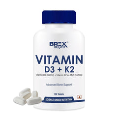 Brexhealth Vitamin D3 600 Iu + Vitamin K2 As Mk7 Supplement , For Stronger Bone Health , Supports Heart Health For Men & Women | 120 Tablets , 200gm 0.4lbs