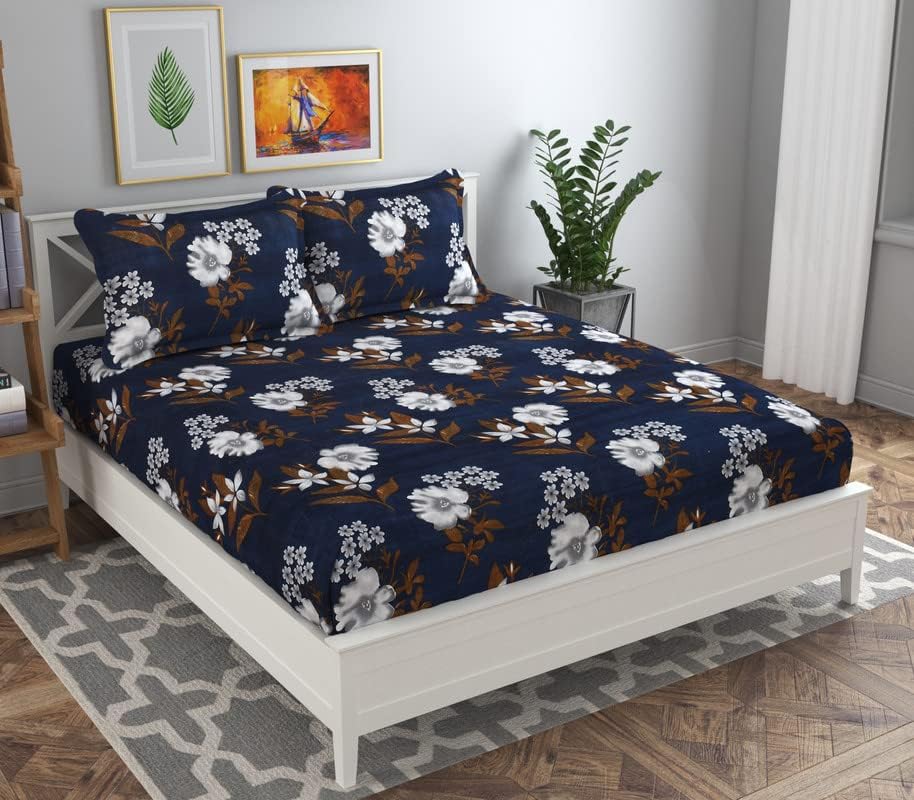 Double Bedsheet With 2 Pillow Covers - 86 X 88 Inch, Dark Blue | 120 Thread Count Soft Brushed Microfiber-Breathable & Wrinkle Free