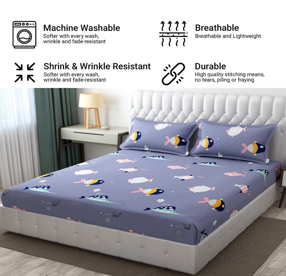 Wrinkle Free Soft Kids Double Bedsheets For King Size With 2 Pillow Cover | 90 X 95 Inches, Light Blue | Cartoon Printed Design | Child Bedroom Decor