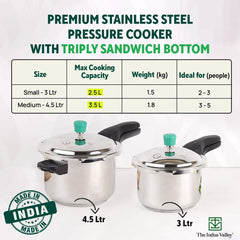 Stainless Steel Pressure Cooker Outer Lid Combo + Free Wooden Chopping Board - 3 Liters + 4.5 Liters | Induction Friendly, Tri-Ply Sandwich Bottom, 100% Toxin-Free, Naturally Non-Stick