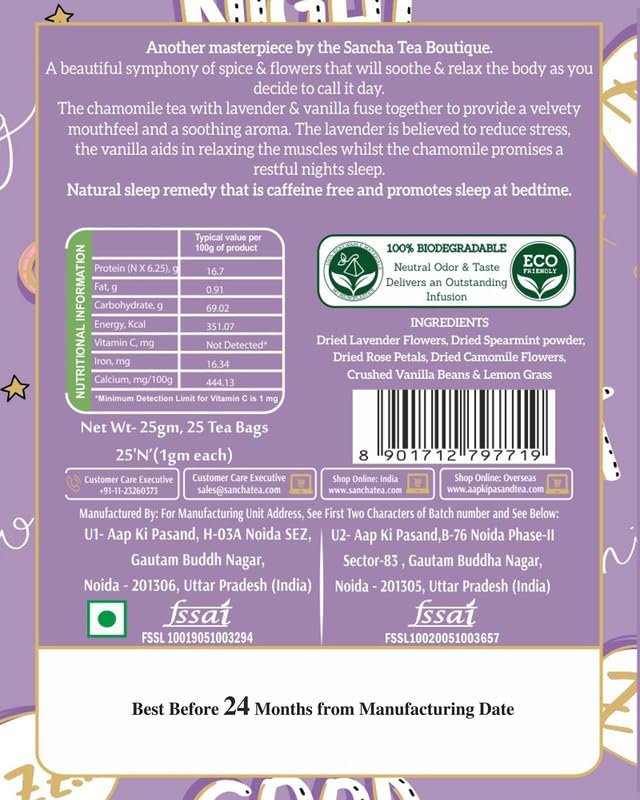 San-Cha Bedtime Herbal Tea - 25 Biodegradable Herbal Tea Bags | Calming & Relaxing Tea - Blend Of Real Vanilla, Lavender, Rose & Chamomile Flowers | Zero Caffeine