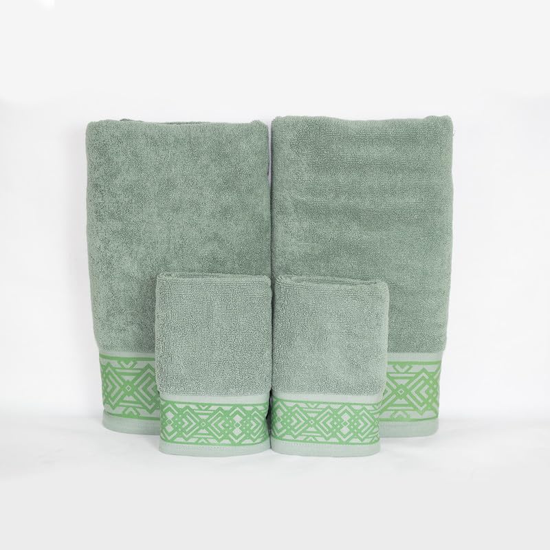 Rangoli 100% Cotton Fibre 2 Hand & 2 Bath Towel 1400 Gsm | Highly Durable & Absorbent Towel | Skin-Friendly & Quick Drying Luxury Towels (Green) - Pack Of 4
