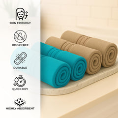 Akiko Home 100% Cotton Essential Series Face Towel 600 Gsm | Soft Absorbent & Durable Washcloth For Men & Women, Compact Travel Towel -Pack Of 4 (Teal & Beige)