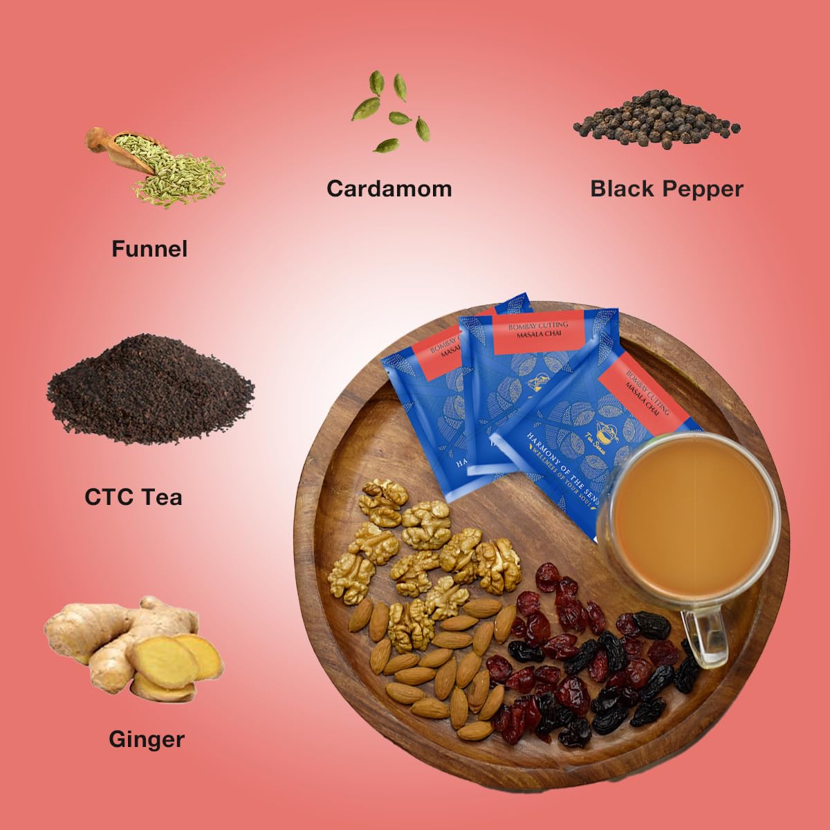Tea Sense Bombay Cutting Masala Chai - 15 Pyramid Tea Bags | Assam CTC, Cardamom, Fennel, Dried Ginger, Black Pepper - Rich Flavor & Strong Chai Patti, High Caffeine | Authentic Kadak Blend