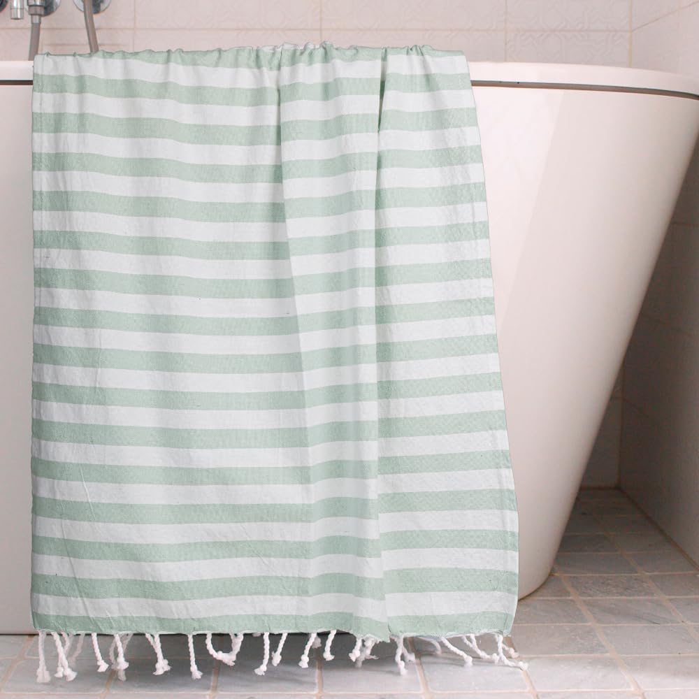 Homadorn 100% Cotton Striped Fouta Bath Towels 700 Gsm | Soft Quick Dry & Absorbent Hand-Knotted Tassels | Turkish Hamam Towel (Green - White)- Pack Of 2