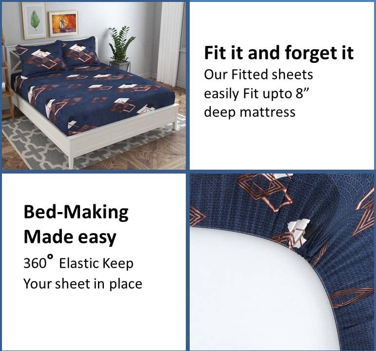 100% Microfiber Elastic Fitted Bedsheets With 1 King Size Pillow Covers - Size - 78 X 72+10 Inches, Dark Blue | Queen Bed With All Around Elastic 180 TC Super Soft