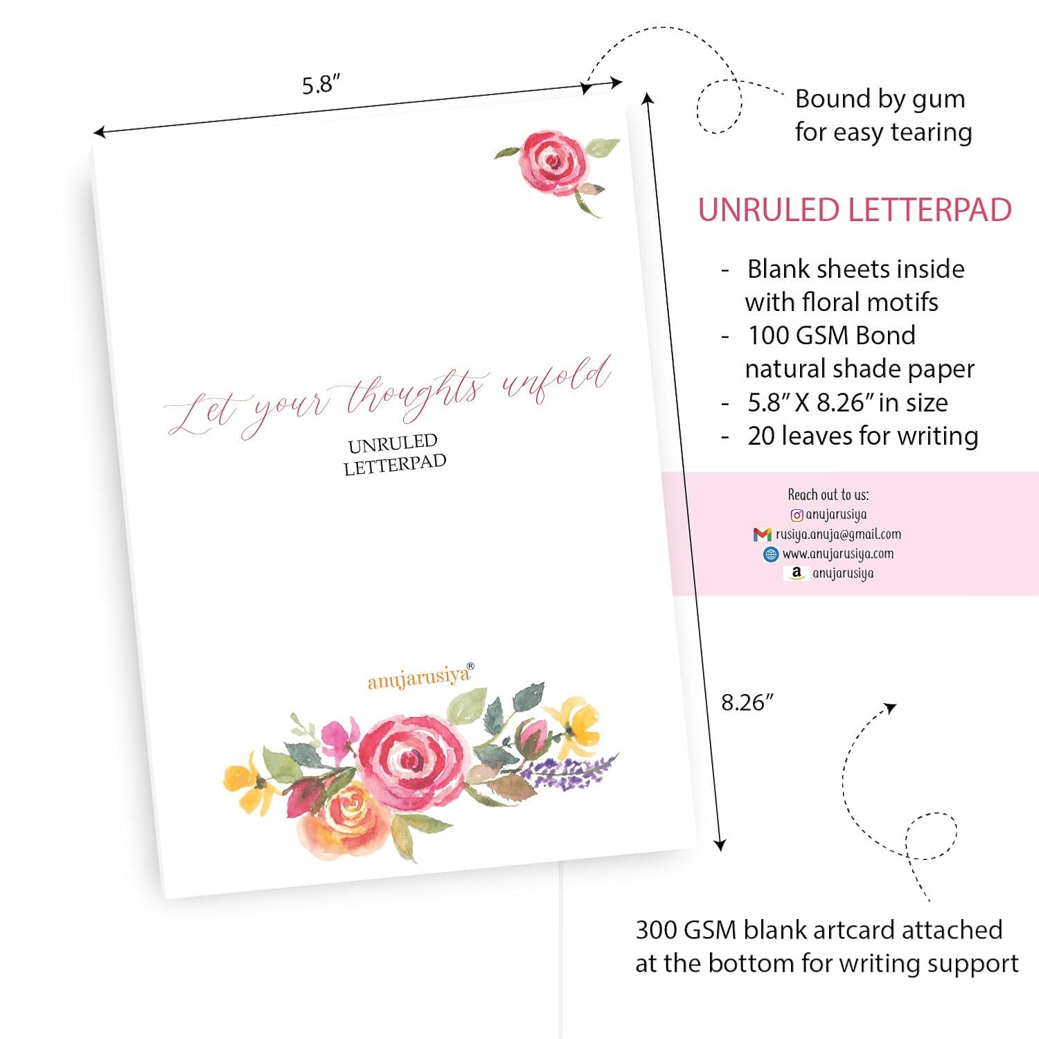 Floral Letter Pad, A5 Writing Paper, 20 Ruled + 20 Plain Sheets, Natural Shade Bond Paper
