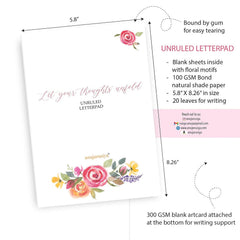 Floral Letter Pad, A5 Writing Paper, 20 Ruled + 20 Plain Sheets, Natural Shade Bond Paper