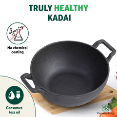 Pre-Seasoned Black Cast Iron Kadai With Curved Handles - Small, 21 Cm, 8 Inch, 1.7 Liters, 1.7 Kg | Induction Friendly, Naturally Nonstick Kadhai, 100% Pure & Toxin-Free, No Chemical Coating