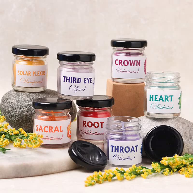 CHAKRAS JAR GLASS CANDLES SET OF 7 PERFECT FOR NIGHT CANDLIGHT DINNER FOR FAMILY