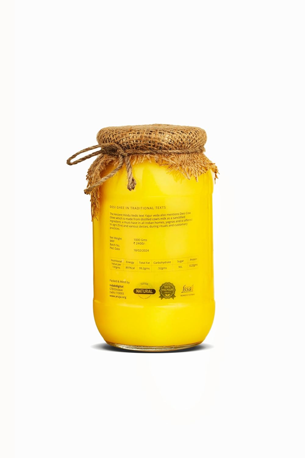 Natural A2 Bilona Desi Cow Ghee By Aruja | Rich In Protein & Vitamin Healthy Pure Desi Ghee Good For Strong Bones | (1 Litr) 33.8 Ounce | Jar Pack