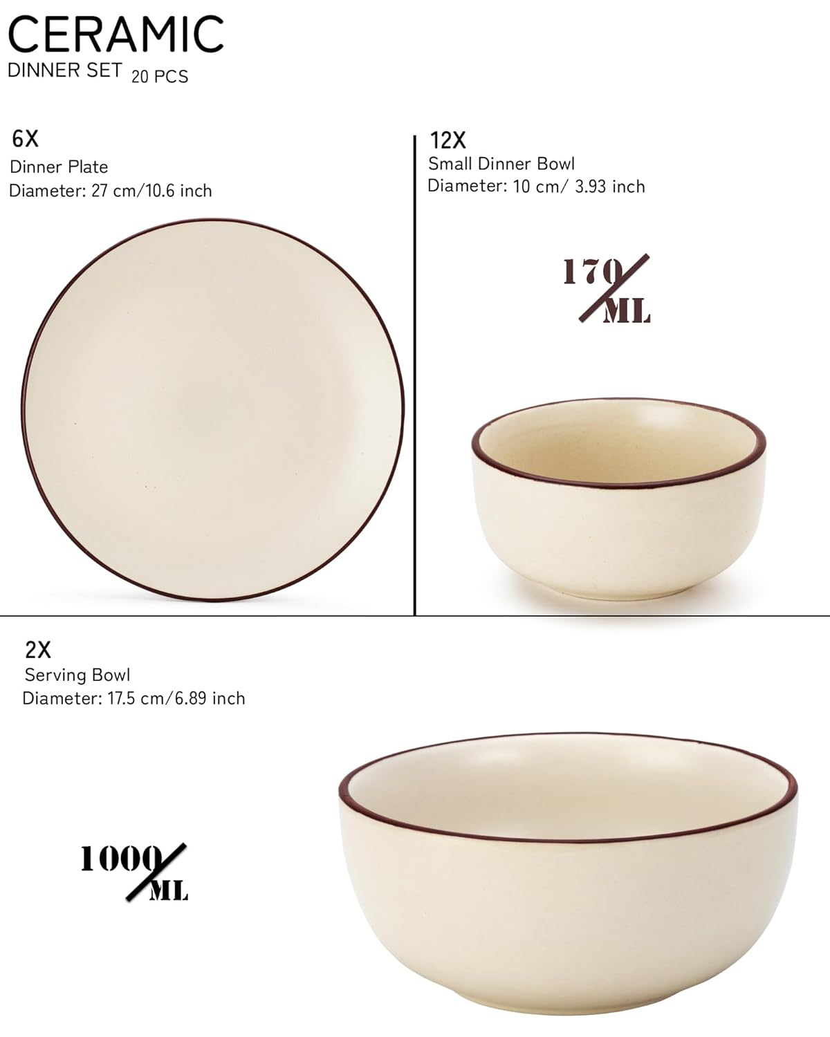 Handcrafted Ceramic Stoneware Dinner Set Of 20 Pcs With Serving Bowl Set - Off White | 6 Dinner Plates, 10.6 Inch Each + 12 Small Dinner Bowl, 170ml Each+ 2 Serving Bowl, 1000ml Each | Serving For 6