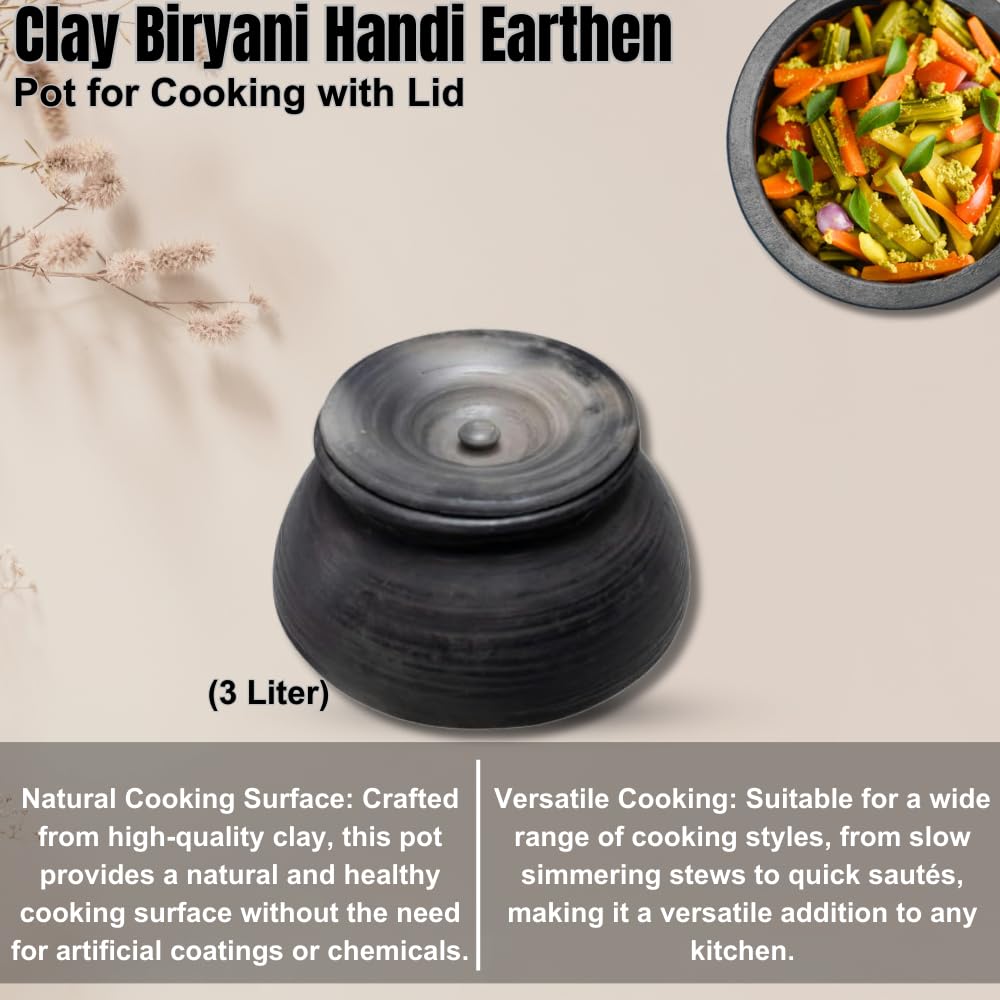 Exclusive Range Unglazed Clay Biryani Handi With Lid - 3 Liters | Earthen Pot For Cooking With Lid, Black