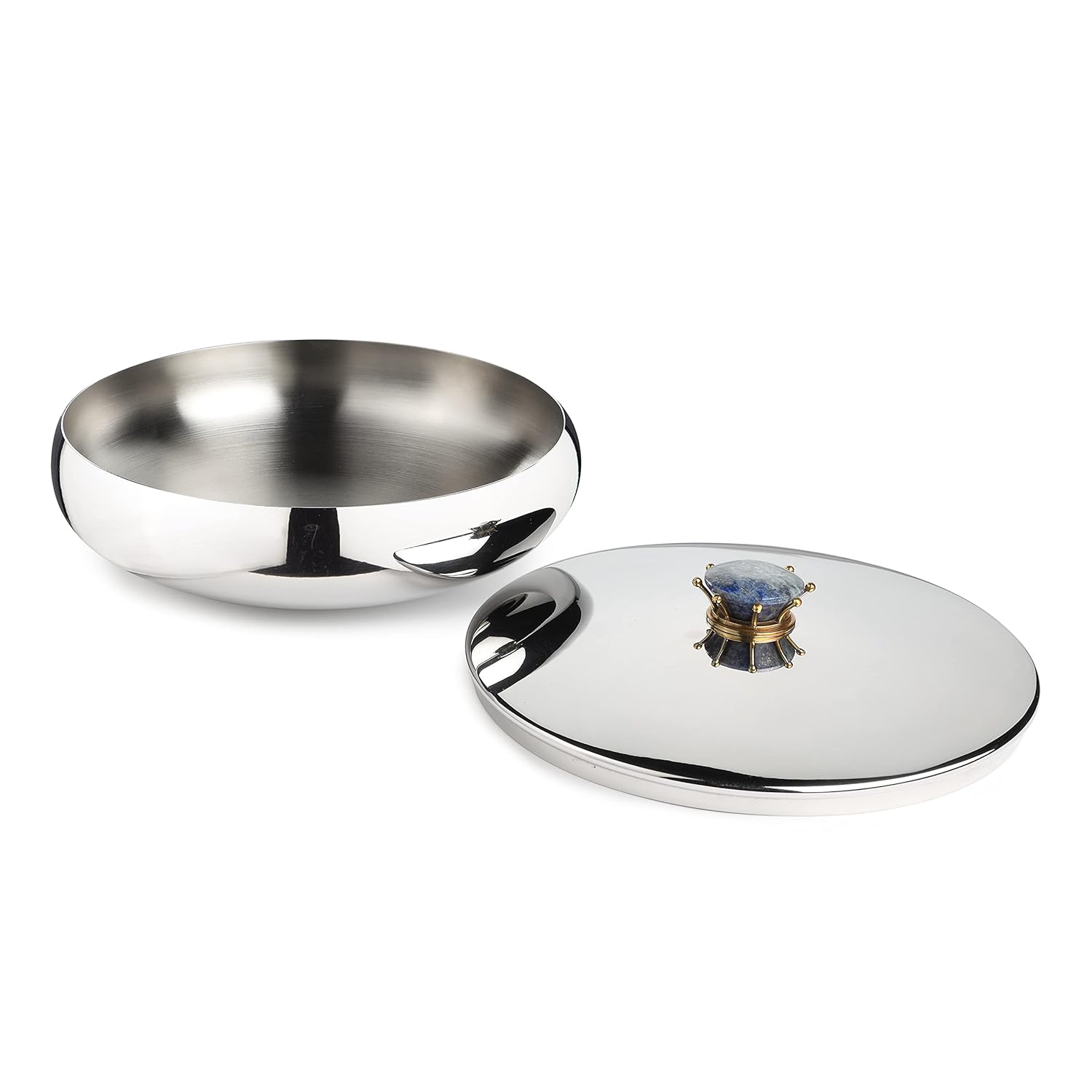 Silver Stainless Steel Bowl With Lid - Large, Royal Lapiz Series | Storing & Serving Bowl - Lapis Lazuli Stone Lid | Serve Ware, Dinnerware & Tableware